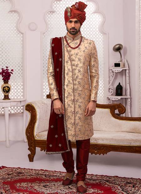 Beige Colour Wedding Wear Embroidery Work Sherwani Groom Latest Collection 9006